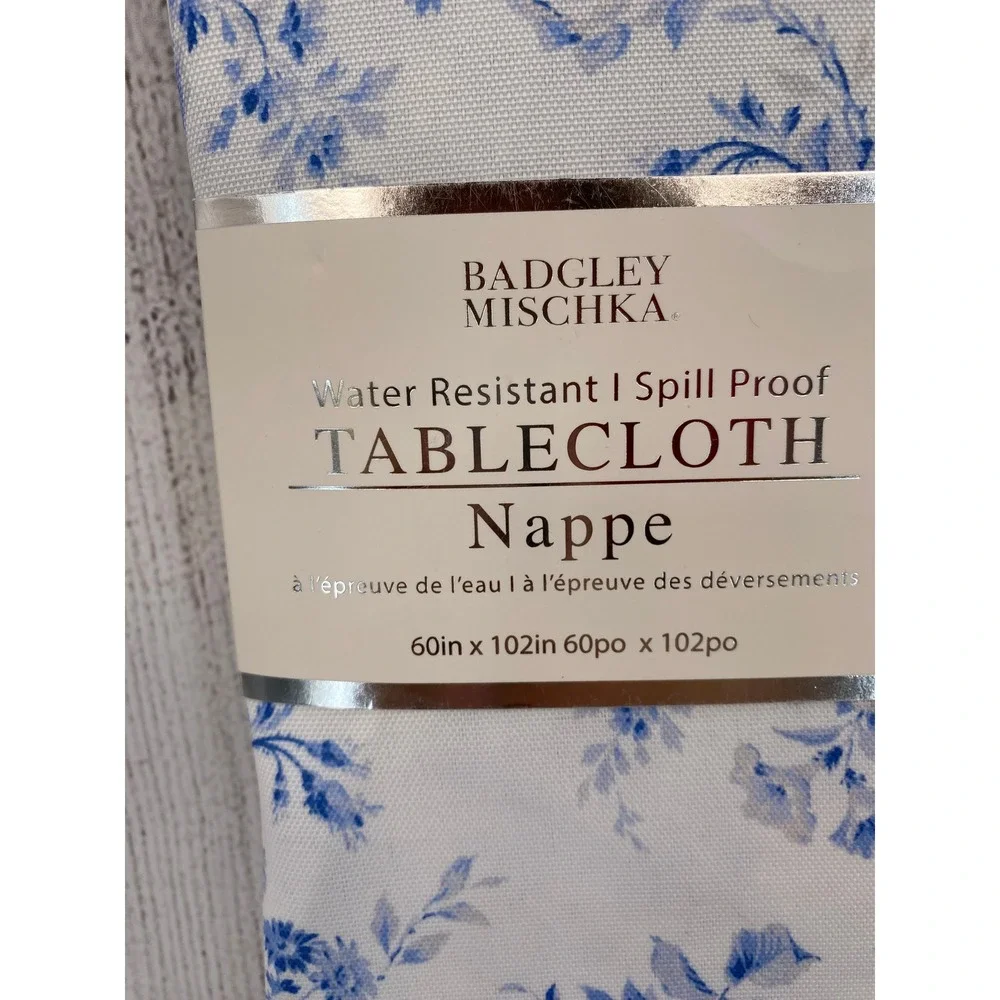 Badgley Mischka Tablecloth 60x102 Blue White Floral Toile Spill Proof Oblong